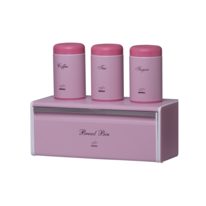 Pink Bread Bin and Canister Set - Plastic Lid