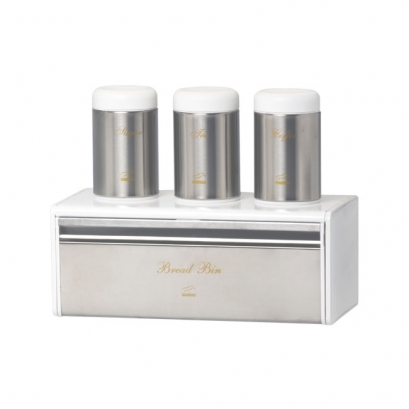 Steel-White Bread Bin and Canister Set - Plastic Lid Steel-White Bread Bin and Canister Set - Plastic Lid